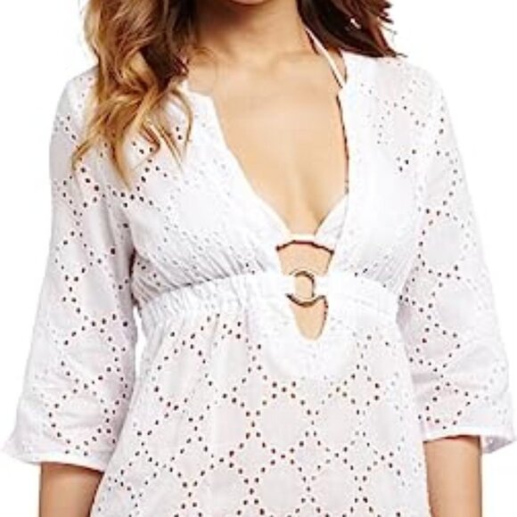NWT! ECHO Eyelet Cover-up Tunic Dress Deep V Low Neck & O-Ring M White Coverup - Picture 1 of 11